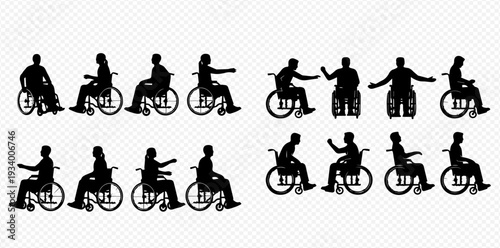 Silhouettes of people in wheelchairs, depicting various poses and movements, representing disability and accessibility.
