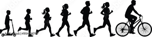Silhouettes of people in motion, running and cycling figures, active lifestyle vector illustration, fitness and sports design set