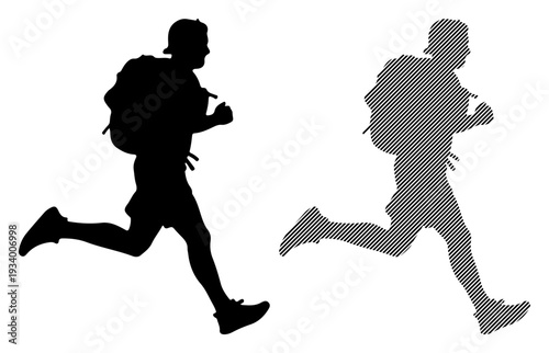 Silhouette of a hiker with a backpack running dynamically against a white background