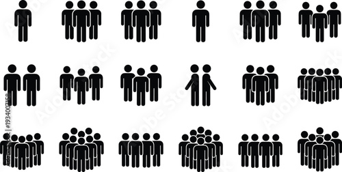 Group of people silhouettes icons representing different crowd sizes isolated black vector illustration set