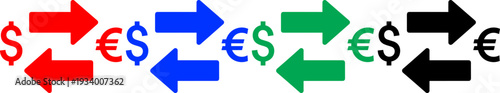 Set of four currency exchange icons, dollar and euro symbols with arrows, different colors