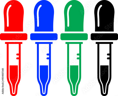 Set of four droppers in red, blue, green, and black, filled with liquid, on transparent background