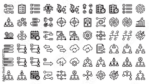 Extensive Collection of Workflow, Process, and Organization Line Icons: Data Management, Task Automation, and Business Strategy Vector Set