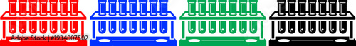 Set of four test tube racks in red, blue, green, and black, holding multiple test tubes