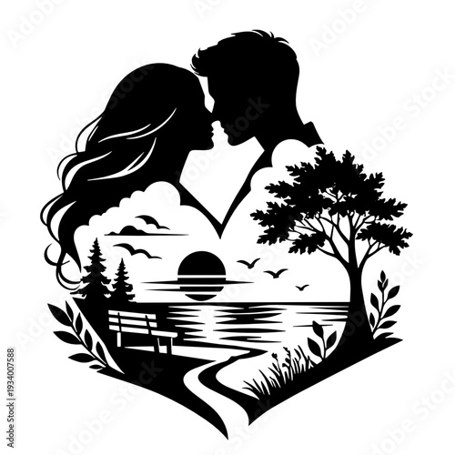 Silhouette of a couple kissing over a serene sunset lake scene with tree, bench, winding path and flying birds, minimalist double exposure style for romance and travel themes.