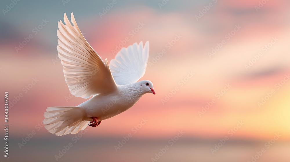 Fototapeta premium White dove freedom flying wings on sunset wide sky background, symbol of peace, holy spirit in Christian religion, heaven concept, bird flight display, defocused sky backdrop, with copy space