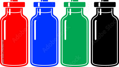 Medical vaccine vial bottle illustrations in four colors for pharmaceutical and healthcare industry ads