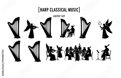 Harp Classical Music Vector Set - Black Silhouette Illustrations, String Instrument Graphics, Harp Icons, Classical Orchestra Design Elements