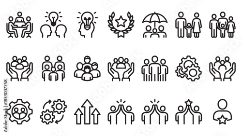 Comprehensive Collection of Teamwork and Collaboration Line Icons: Business Partnership, Success, and Community Engagement Vector Set