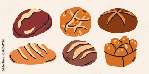 Bakery cartoon elements set in retro groovy style. Various types of fresh bread. Traditional bakery food for labels, patches, menu, stickers
