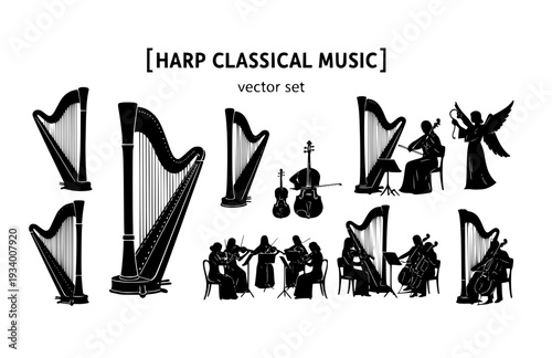 Harp Classical Music Vector Set - Black Silhouette Illustrations, String Instrument Graphics, Harp Icons, Classical Orchestra Design Elements