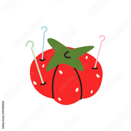 Red tomato shaped pin cushion with needles in cartoon style. Sewing and needlework creative hobby accessory vector illustration isolated