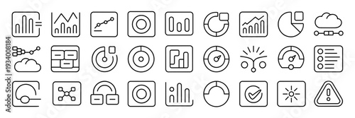 Black and white data analytics vector icon pack – Suitable for print materials, educational slides, or website assets.