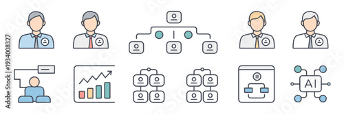 Enterprise hierarchy and AI structure icon set – Great for business strategy presentations, tech blogs, or leadership training.