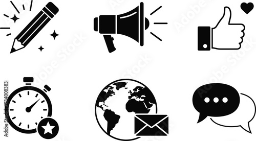 Set of Six Black Icons Representing Communication Marketing and Time Management symbol collection