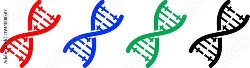 Dna double helix structure icons in red blue green black colors representing genetic science research