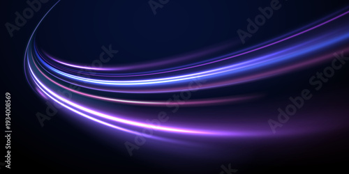 Purple glowing ribbons twist along dark highways. Radiant motion lines and arcs simulate high-speed acceleration and dynamic energy flow. Vector futuristic PNG background isolated.