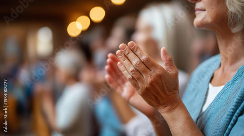 Christian worship service gathering, congregational praise moment, religious assembly display, ecclesiastical meeting scene, faith community bonding, faceless worshippers gathered, defocused