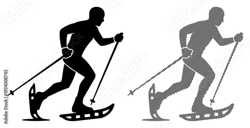 Silhouette of a person snowshoeing with poles, showcasing winter outdoor activity.