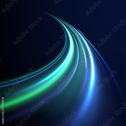 Cyan and magenta neon streaks ripple in curved trails across highways. Glowing arcs and motion blur suggest acceleration and high-speed movement. Transparent PNG abstract illustration.