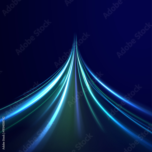 Blue and magenta neon beams twist and ripple in abstract flow. Radiant streaks create sense of fast data, high-speed motion, and energy. Vector illustration isolated on transparent layer.