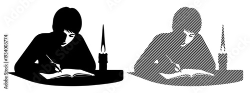 Person studying or writing by candlelight in a focused and studious pose.