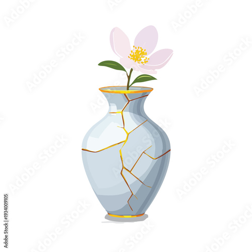 Flower in a cracked vase on white background