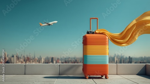 A suitcase on the rooftop, an airplane flying in the sky, city skyline view, a travel camera, a scarf flowing gently, stylish editorial travel campaign look.
