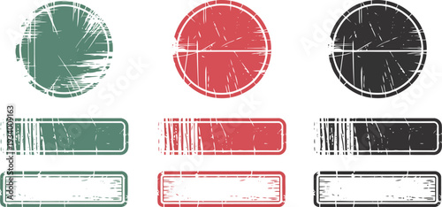 Vintage Rubber Stamp Set, Round and Rectangle Green Ecologic Natural Style Grunge Retro Stamps, Old Texture Frames with Empty Place