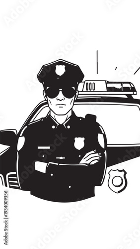 Illustration of a uniformed police officer standing with arms crossed in front of patrol cars.