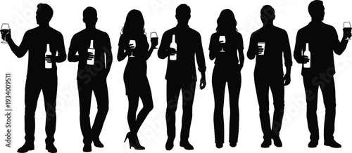 Group of people silhouettes holding wine glasses and bottles, party crowd vector illustration, social gathering nightlife concept isolated on white background