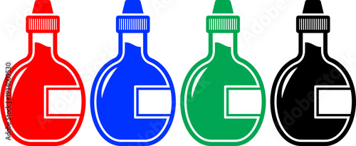 Hot sauce bottle icons in red blue green and black colors for restaurant and cooking design elements