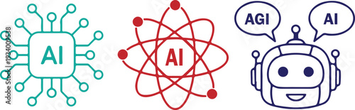 Artificial Intelligence Icons Set – Microchip, Atomic Structure, Robot Head with AI And AGI Concept for Technology, Science, and Future Innovation