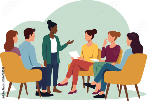 Flat vector of a diverse group of people sitting in chairs having a support meeting with a woman standing and speaking (21 words)