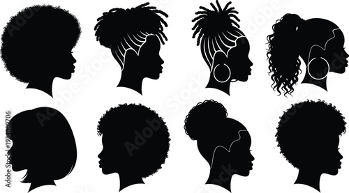 Women hairstyle silhouette vector illustration set, diverse hair textures and styles including afros, buns, ponytails, braids, and straight hair, fashion design resource