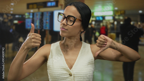 Billede på lærred Woman giving thumbs up and down indoors at airport terminal wearing glasses, expressing mixed feelings in vibrant scene with modern architecture backdrop