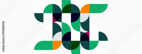 Abstract geometric design. Circles, arcs, shapes overlap creating letterforms. Green, orange, navy hues dominate white background. Modern aesthetic.