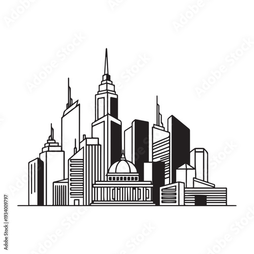 Stylized city skyline with modern skyscrapers and classic domed structures across the urban horizon.