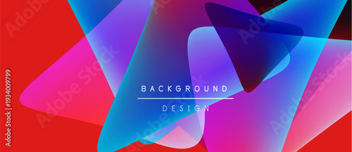 Vibrant abstract shapes overlap, creating dynamic colorful background. Red dominates edges, blending into blues, purples, pinks. Modern design elements present.