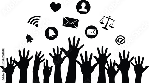 Silhouette of raised hands reaching for social media and communication icons vector illustration