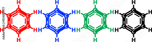 Molecular structure diagrams of benzene ring with hydrogen atoms, in colors red blue green black