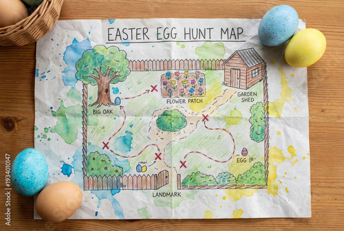 Watercolor Easter egg hunt map on paper with colorful eggs on wooden table top view