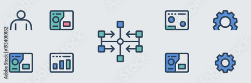 Workflow automation and intelligent task routing icons – Ideal for business productivity, software development, or project management.