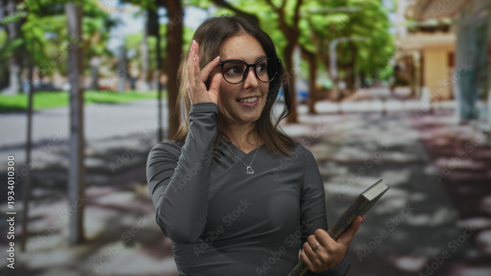 Fototapeta premium Woman adjusting glasses and holding book on sunlit tree lined street with heart necklace visible; curiosity learning.