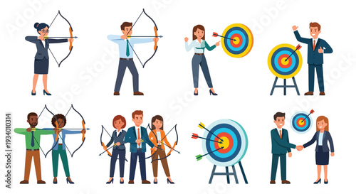 Businesspeople practicing archery and achieving targets representing success