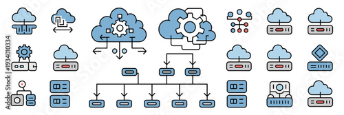 Enterprise automation system icons with cloud server symbols – Ideal for network infrastructure, data centers, or corporate IT.