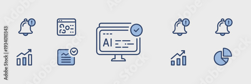 AI supervisor dashboard icons with monitoring screen and alerts – Ideal for enterprise software, system oversight, or tech UI.