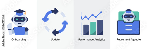 AI agent lifecycle management icons with onboarding bot – Perfect for AI operations, product management, or software updates.