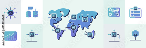Distributed AI network icons with global map and server nodes – Perfect for network management, cloud computing, or global tech.