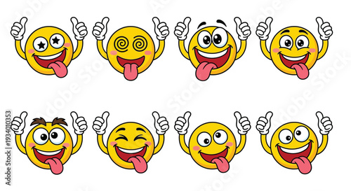 Collection of cartoon smiley faces giving thumbs up with playful expressions